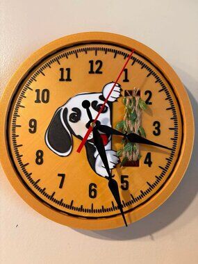 Peeking Black/White Dog 3D Printed Retro 12 Hour Wall Clock Leaf Rope